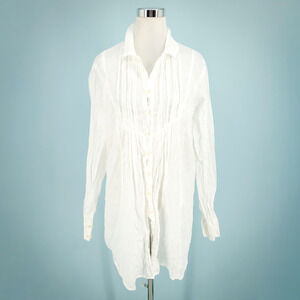 CP Shades Size Large L White Collared Button Pleated Long Sleeve Linen Tunic Top